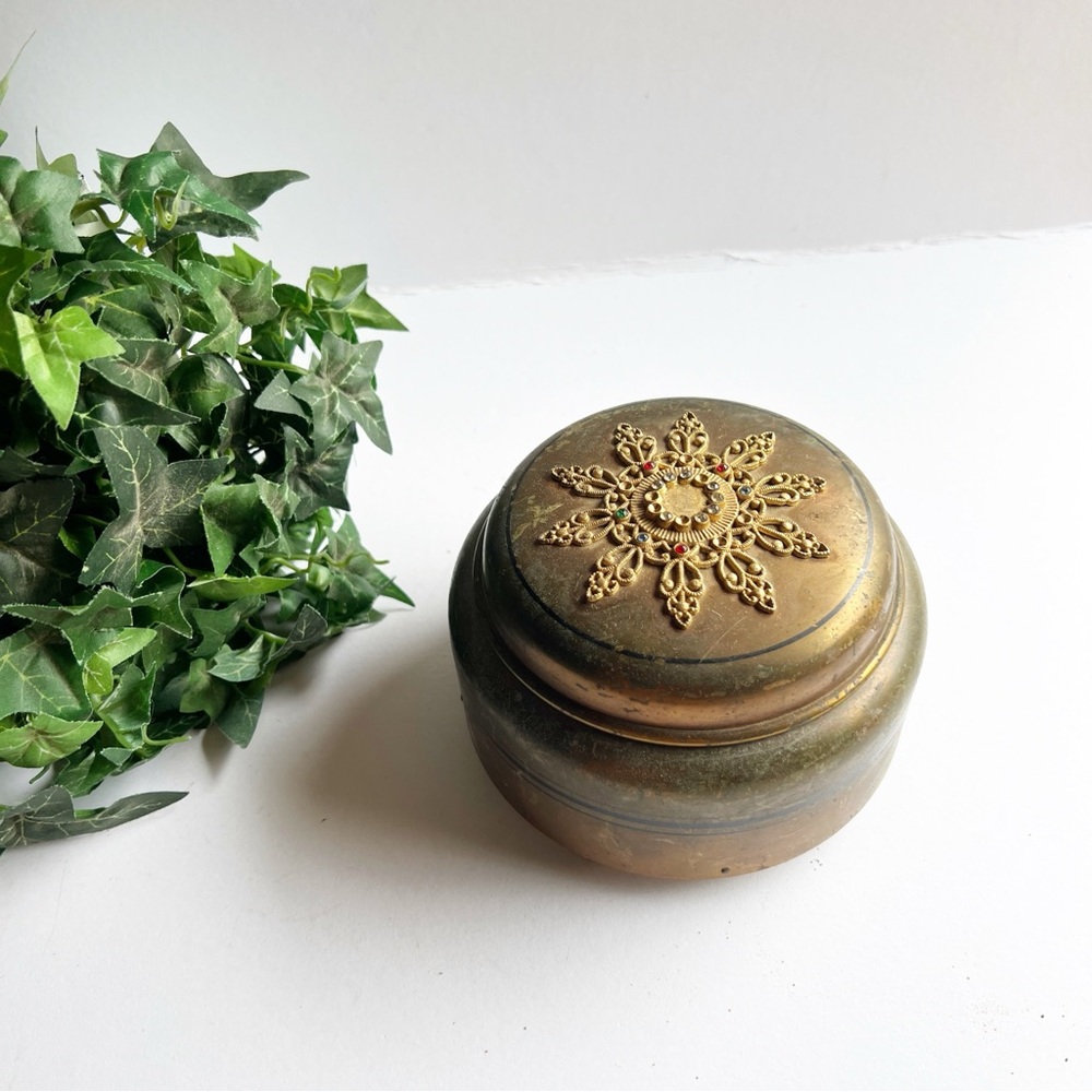 Vintage Mid Century Metal Music Box Powder Case/ Trinket Box
